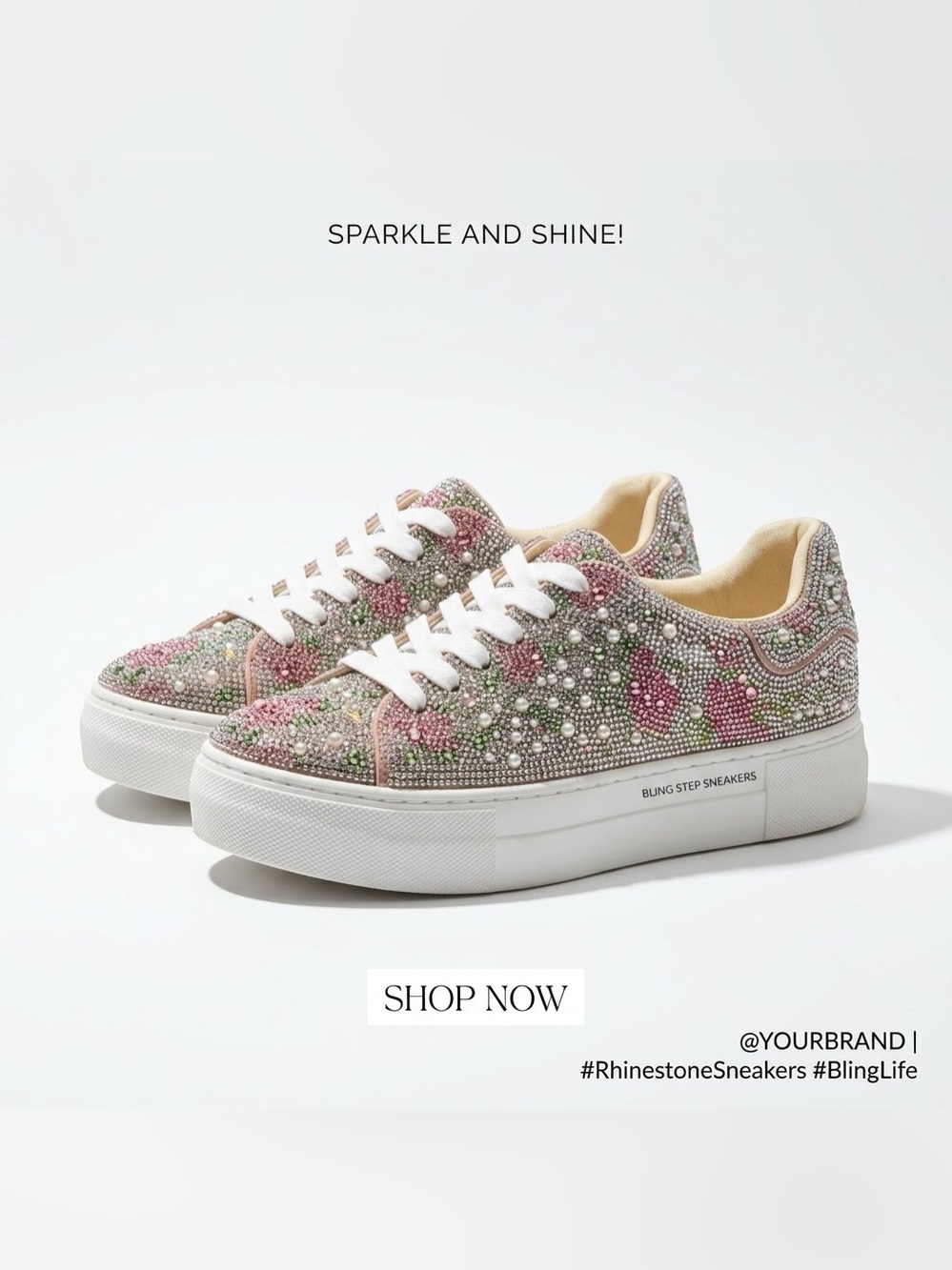 Crystal-Embellished Floral Platform Sneakers - Pink & Silver